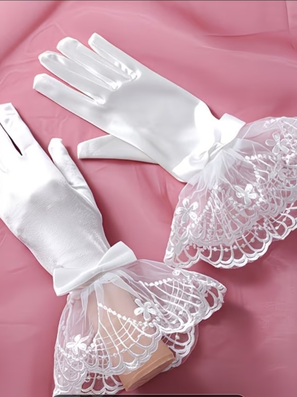White Satin Gloves with Lace Ruffle Cuffs